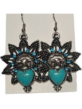 Silver Turquoise Stone Sun Owl Dangle Drop Earrings